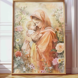 Mother Mary and Baby Jesus Printable Wall Art, Catholic Religious Poster, Floral Christian Artwork, Virgin Mary Home Decor Print Minimalist