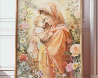 Mother Mary and Baby Jesus Printable Wall Art, Catholic Religious Poster, Floral Christian Artwork, Virgin Mary Home Decor Print Minimalist