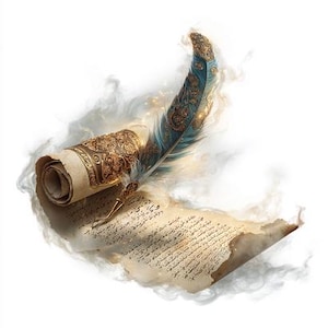 May include: An artistic rendering of a rolled parchment scroll and a feather quill. The scroll is adorned with ornate gold detailing, and the quill features a blue feather with gold accents. The parchment is unrolled, revealing handwritten text.