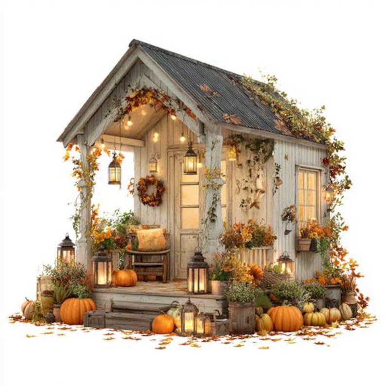 8 Autumn House Porch Clipart, Fall Veranda Watercolor Printable ...