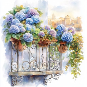 8 Balcón Floral Clipart Acuarela Imprimible Hermoso Con Flores Hortensias PNG de Alta Calidad Descarga Digital Diario Basura Manualidades de Papel