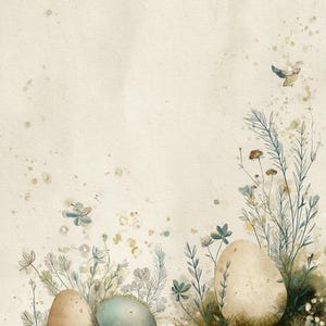 May include: Watercolor illustration featuring Easter eggs in shades of brown and blue, nestled among green grass and delicate wildflowers. A small bird flies in the upper right corner, with a soft, textured background.