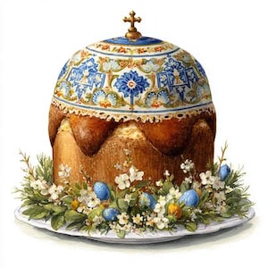 May include: A watercolor illustration of a traditional Easter bread, adorned with a decorative, patterned top and a golden cross. The bread is surrounded by white flowers, green leaves, and blue Easter eggs, all presented on a white plate.