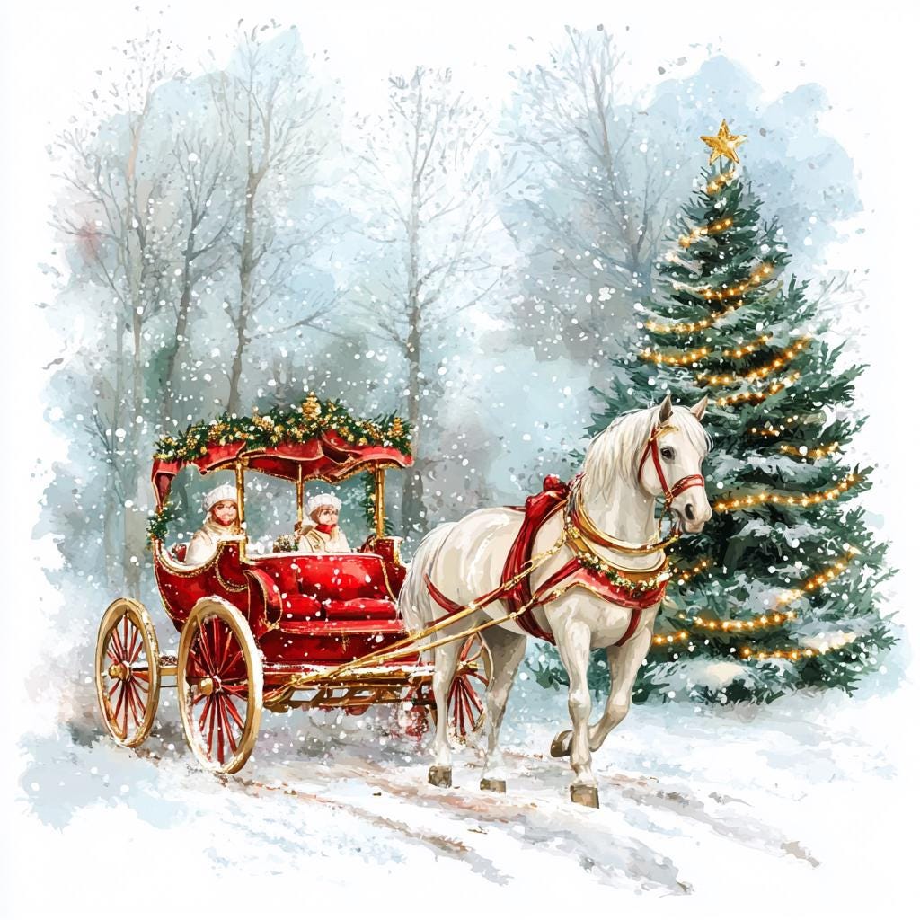 8 Christmas Santa in Red Carriage With White Horse Clipart Watercolor ...