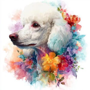 May include: A watercolor painting of a white poodle with a pink nose and brown eyes, adorned with colorful flowers. The flowers include shades of orange, yellow, red, purple, and blue, creating a vibrant and artistic composition.