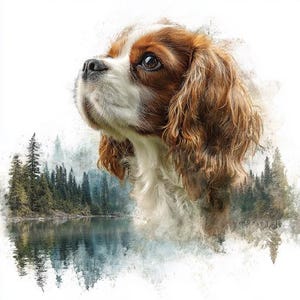 Op de afbeelding: Een aquarel-achtige afbeelding van een Cavalier King Charles Spaniel, met bruin en wit haar. De hond kijkt omhoog, met een bos- en meerlandschap subtiel geïntegreerd in de achtergrond. De vacht van de hond is lang en golvend.
