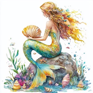 Könnte beinhalten: Aquarellillustration einer Meerjungfrau mit fließendem goldenem Haar, die eine große Muschel hält. Die Meerjungfrau hat einen bunten, geschuppten Schwanz und sitzt auf einem Felsen, umgeben von Wasserpflanzen und Muscheln. Das Kunstwerk hat eine weiche, verträumte Qualität.