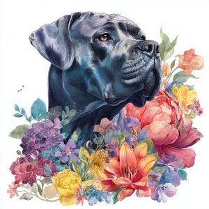 Può includere: Illustrazione digitale della testa di un cane Cane Corso, in tonalità blu e grigie, incorniciata da una colorata composizione floreale ad acquerello in rosa, arancione, giallo e viola. Il cane ha un'espressione calma.