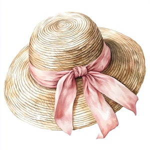 Op de afbeelding: Waterverfillustratie van een strooien zonnehoed met een brede rand. De hoed heeft een lichtbruine geweven textuur en een zachtroze lint dat in een strik is geknoopt. Perfect voor de zomer.