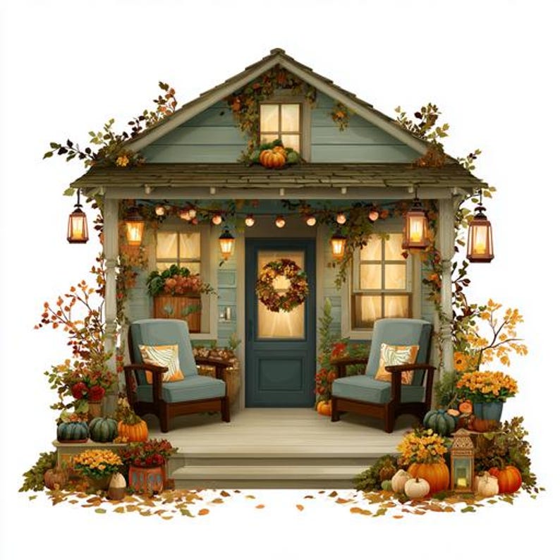 8 Autumn House Porch Clipart, Fall Veranda Watercolor Printable ...