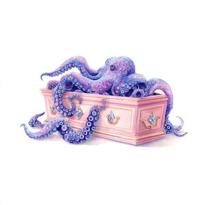 May include: A watercolor illustration of a purple octopus resting in a pink chest. The chest has gold handles and jewel accents. The octopus's tentacles drape over the sides.
