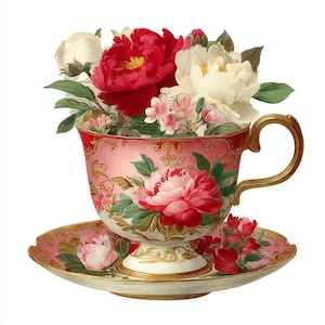 May include: A pink teacup and saucer set with a gold handle and trim, filled with red and white peonies and other flowers. The teacup and saucer are decorated with floral patterns.