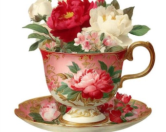 Puede incluir: Un juego de taza y platillo rosa con asa y ribete dorados, lleno de peonías rojas y blancas y otras flores. La taza y el platillo están decorados con motivos florales.