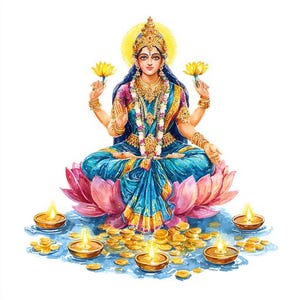 May include: Watercolor illustration of a deity, seated on a pink lotus flower, adorned with gold jewelry and a blue sari. The deity holds yellow lotus flowers and is surrounded by lit candles and gold coins, set against a white background.