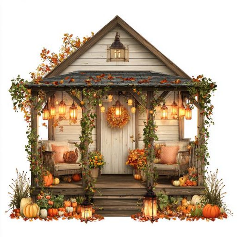 Veranda Collage 8 Autumn House Porch Clipart, Fall Veranda Watercolor Printable ...