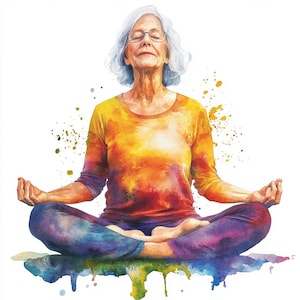 8 bejaarde clipart vrouw mediteren afdrukbare aquarel Senior Lady yoga pose kamer decor clipart hoge kwaliteit PNGs papier ambachten ongewenste Journal