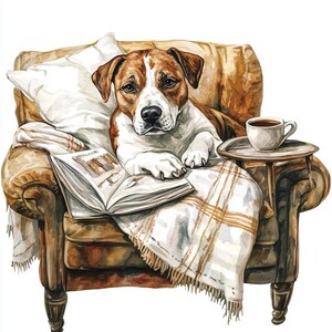 8 Clipart di cani carini, acquerello, stampabili, seduti sdraiati sul divano, cane che dorme, download digitale, PNG di alta qualità, carta artigianale, diario spazzatura
