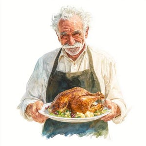 Op de afbeelding: Waterverfillustratie van een glimlachende oudere persoon die een schaal vasthoudt met een gebraden kalkoen. De kalkoen is goudbruin en ligt op een bedje van groenten en aardappelen. De persoon draagt een wit overhemd en een donker schort.