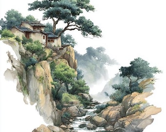 8 Japanese Landscape Art Clipart, Watercolor Printable Mountains Forest, Digital Download, High Quality PNGs Paper Crafts Junk Journals POD