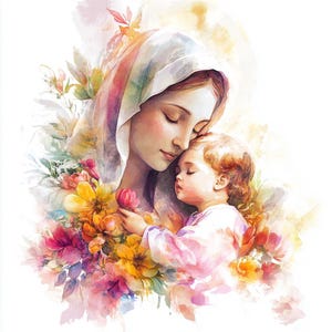 8 imágenes prediseñadas de la Virgen María con el Niño Jesús, acuarela de la Santa Madre y el Niño, arte de pared imprimible, imagen de Nuestra Señora, manualidades de papel, revistas basura