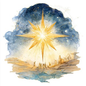 Op de afbeelding: Waterverfschilderij van een heldere gouden ster met stralend licht tegen een blauwe en gouden lucht. De ster schijnt over een woestijnlandschap met figuren en gebouwen, wat een hemels en spiritueel thema oproept.