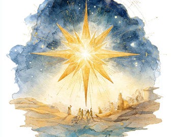 8 Bethlehem Night Star Clipart, Celestial Christmas Watercolor Printable Clipart Nativity Scene High Quality PNGs Paper Crafts Junk Journals