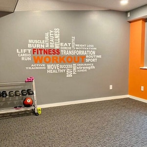 Basement Gym Decals home gym commercial gym or yoga studio with this Motivational Vinyl Wall Decal weight loss & fitness Workout word cloud