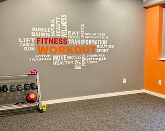 Calcomanías para gimnasio en el sótano, gimnasio en casa, gimnasio comercial o estudio de yoga con esta calcomanía de vinilo motivacional para pared, pérdida de peso y fitness, entrenamiento con nube de palabras