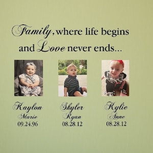 Family, where life begins and Love never ends. Includes 3 custom names. Vinyl Decals Only. Names and Birthdays