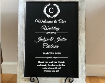 Welcome to Our Wedding. Bride and Groom's name. Wedding Date. Custom Vinyl Wedding Decal. Add to Mirrors, Windows, Chalkboards, Walls.