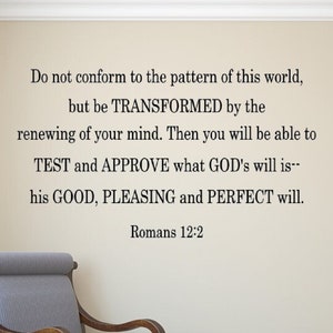May include: A wall decal with a beige background and black text. The text reads: "Do not conform to the pattern of this world, but be TRANSFORMED by the renewing of your mind. Then you will be able to TEST and APPROVE what GOD's will is--his GOOD, PLEASING and PERFECT will. Romans 12:2"