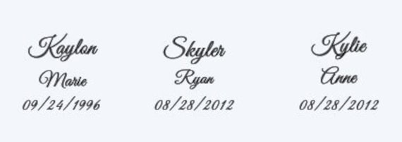 Name and Birthday vinyl decals. Or Family Name with Established Date. Each name sold separately.