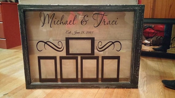 Wedding Decal. Bride and Groom. Established Date. Five 4x6 picture frames. Tape pictures inside. Vinyl decal only. Window  not included.