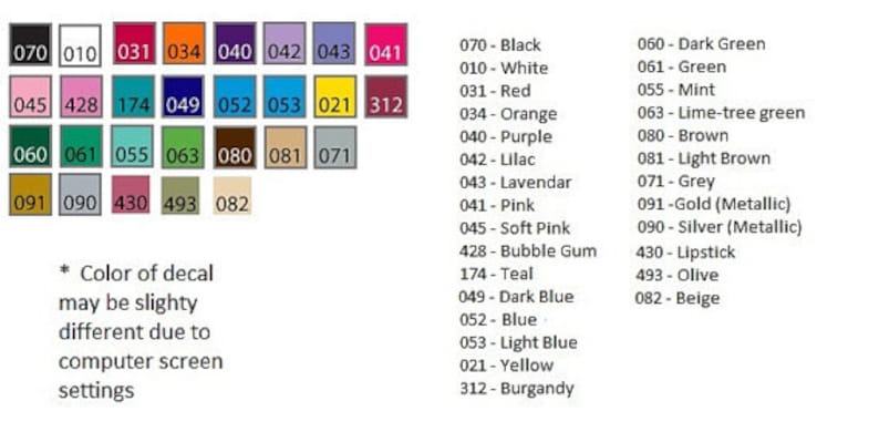 May include: A color chart with 24 different paint colors, each color is labeled with a number and a name. The colors include black, white, red, orange, purple, lilac, lavender, pink, soft pink, bubble gum, teal, dark blue, blue, light blue, yellow, burgundy, dark green, green, mint, lime-tree green, brown, light brown, grey, gold (metallic), silver (metallic), lipstick, olive, and beige.
