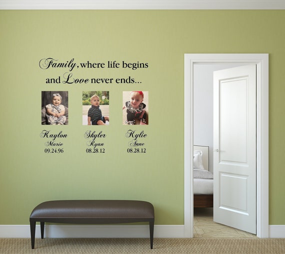 Family, where life begins and Love never ends. Includes 3 custom names. Vinyl Decals Only. Names and Birthdays