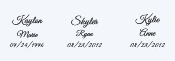 Name and Birthday vinyl decals. Or Family Name with Established Date. Each name sold separately.