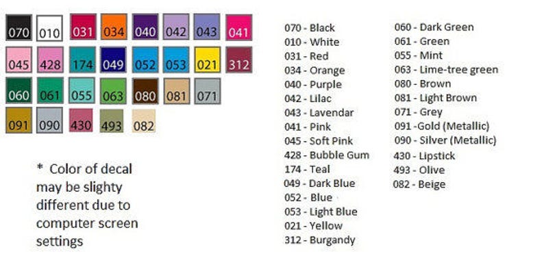 May include: A color chart with 24 different colored squares, each labeled with a number and a color name. The color chart is for decals and includes colors like black, white, red, orange, purple, lilac, lavender, pink, soft pink, bubble gum, teal, dark blue, blue, light blue, yellow, burgundy, dark green, green, mint, lime-tree green, brown, light brown, grey, gold (metallic), silver (metallic), lipstick, olive, and beige.