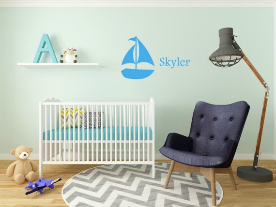Sailboat with custom name. Vinyl wall decal.