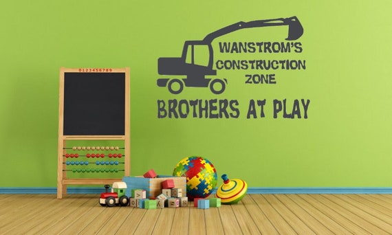 Personalized Construction Zone Wall Decal: Brothers at Play (Add Your Children's Names)