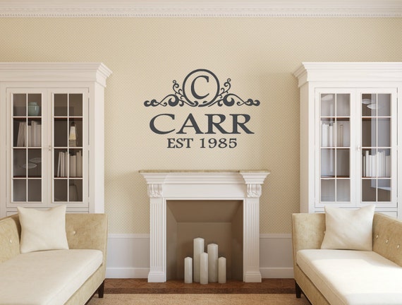 Monogram with family name and established date. Vinyl Wall Decal. Window Decals. Mirror Decals