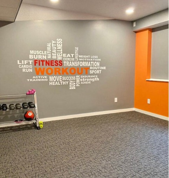 Motivational Fitness Word Cloud Wall Decal for Gym, Yoga Studio- Vinyl Stickers (Custom Size & Color)