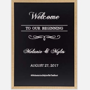 Welcome To Our Beginning. With Bride and Groom names and Wedding date. Vinyl decal for mirror, window, or chalkboard. Wedding decals