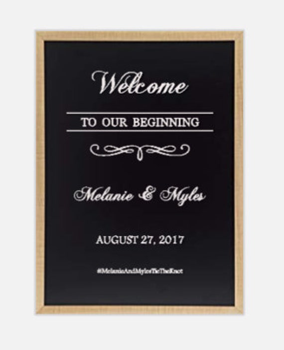 Welcome To Our Beginning. With Bride and Groom names and Wedding date. Vinyl decal for mirror, window, or chalkboard. Wedding decals