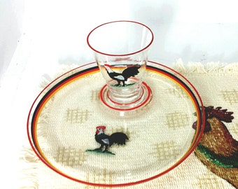 Plate and Cup Snack Tray, Individual Serving Tray, Set of 12 Plates and Cups Set, Blown Glass, Hand Painted Rooster, Rare Antique Unique