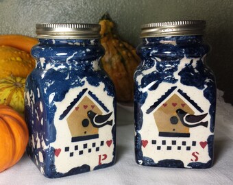 Ceramic Salt and Pepper Shakers: Marble Blue Birdhouse, Country Kitchen