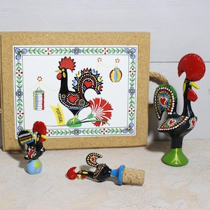Vintage Portugal Ceramic Rooster Bundle: Cork Tray, Figurines, Mug