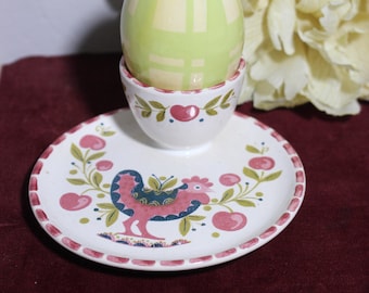 Hand Painted Porcelain Egg Holder: Pink Peacock Hen & Cherries