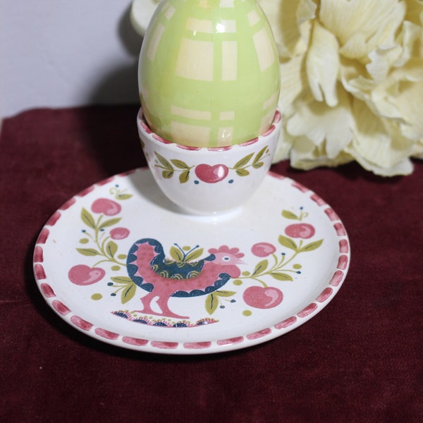 Porcelain Egg Holder Tray, Breakfast Table Decor, Pink and Peacock Blue Color, Country Hen, Hand Painted Cherries, 1 Pc