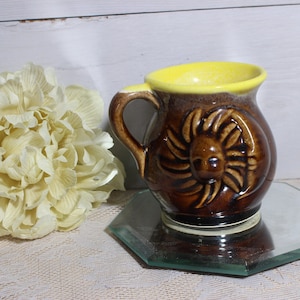 Vintage Celestial Ceramic Cup, Creamer Brown Glaze and Yellow Inside, Low Relief Sun and Moon, Sunflower and Lilly Milk Jar and Cup
