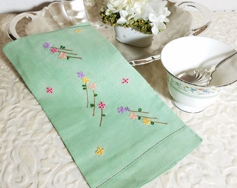 Vintage Green Linen Kitchen Towel: Floral Embroidery, Spring Decor